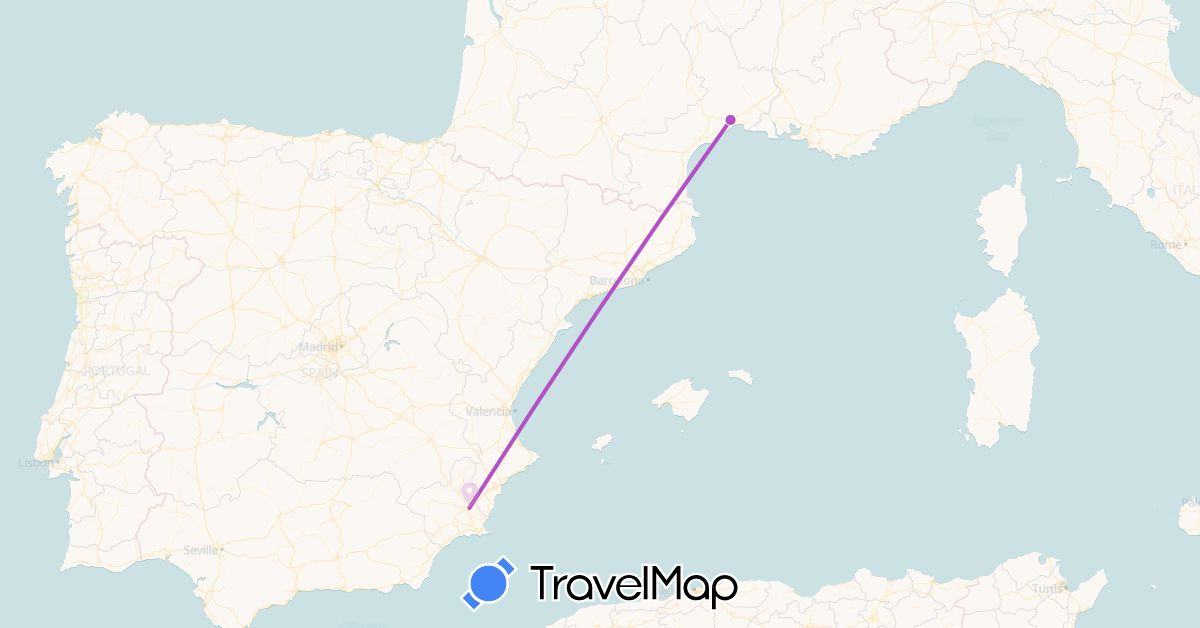 TravelMap itinerary: train in Spain, France (Europe)