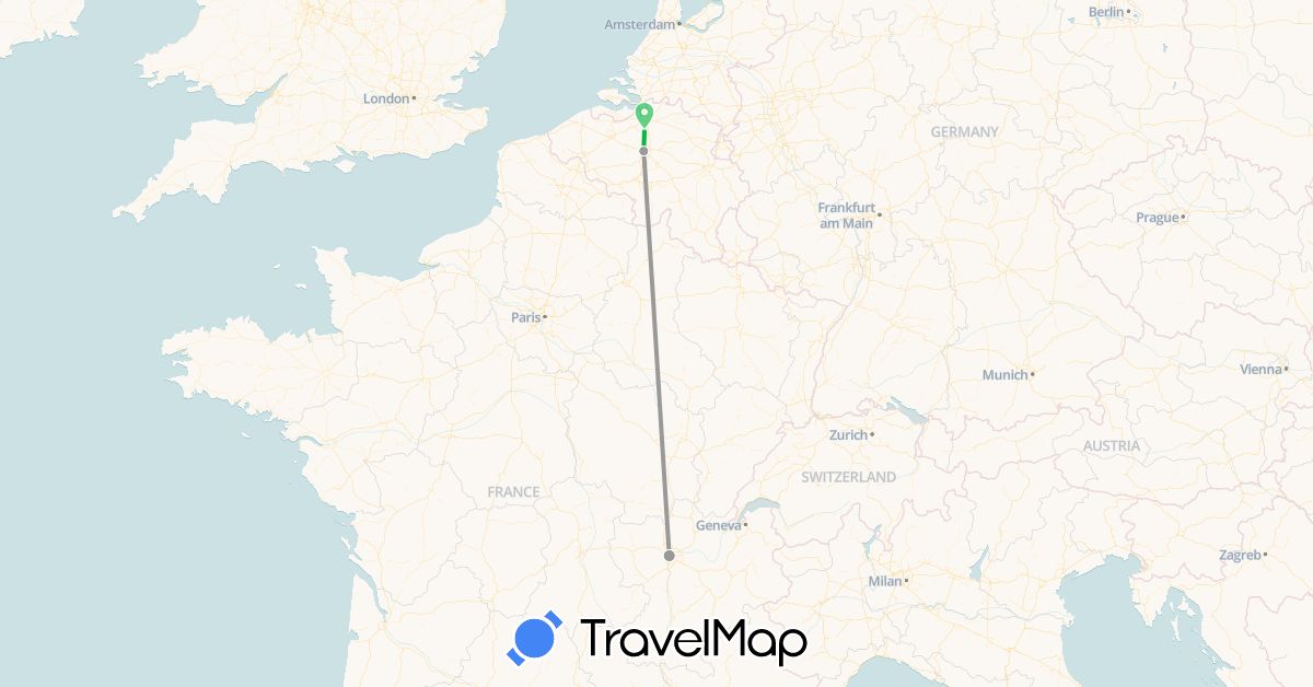 TravelMap itinerary: bus, plane in Belgium, France (Europe)