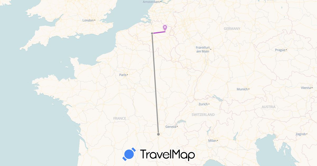 TravelMap itinerary: plane, train in Belgium, France (Europe)